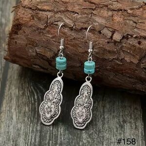 #158 | Silver Carved Floral Dangle Earrings with Turquoise Beads